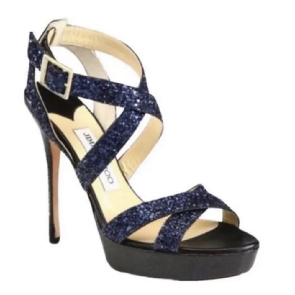Jimmy Choo Lottie Navy Blue Glitter Sandals